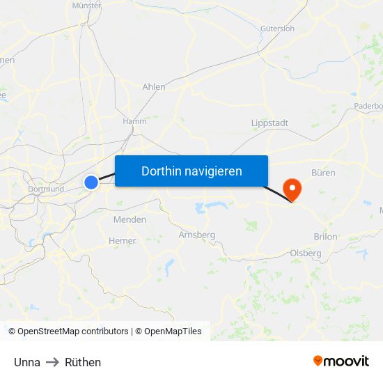 Unna to Rüthen map