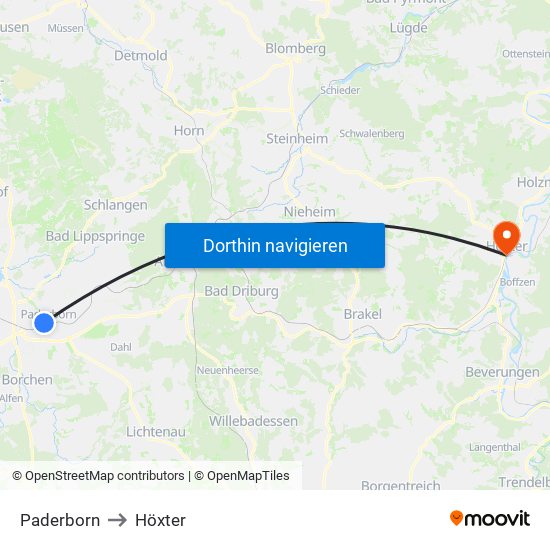 Paderborn to Höxter map