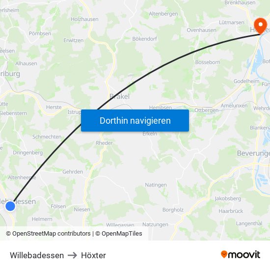 Willebadessen to Höxter map