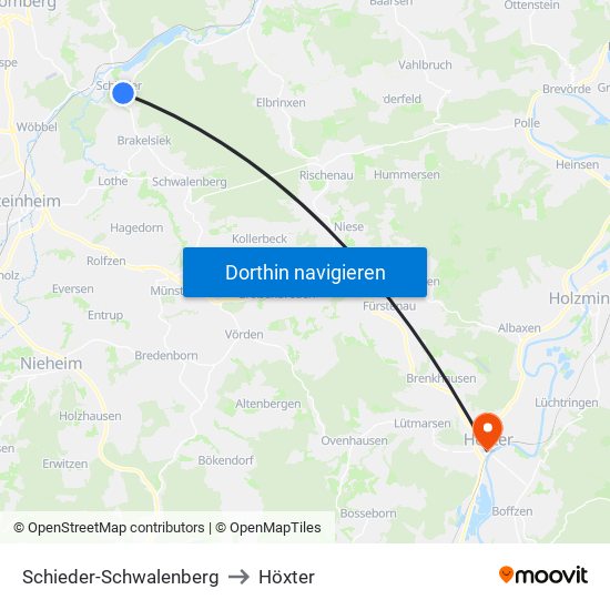 Schieder-Schwalenberg to Höxter map