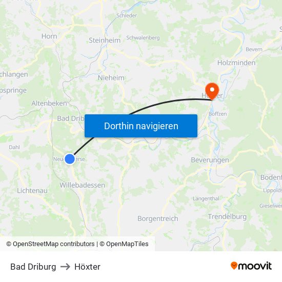 Bad Driburg to Höxter map