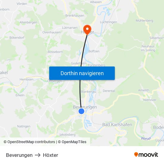 Beverungen to Höxter map