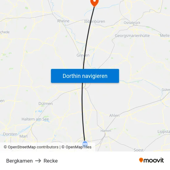 Bergkamen to Recke map