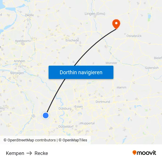 Kempen to Recke map