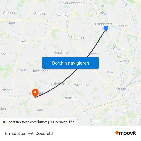 Emsdetten to Coesfeld map