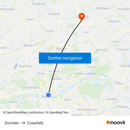 Dorsten to Coesfeld map