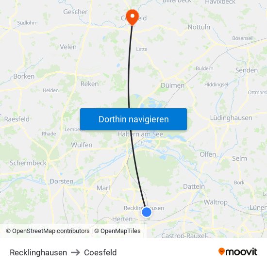 Recklinghausen to Coesfeld map