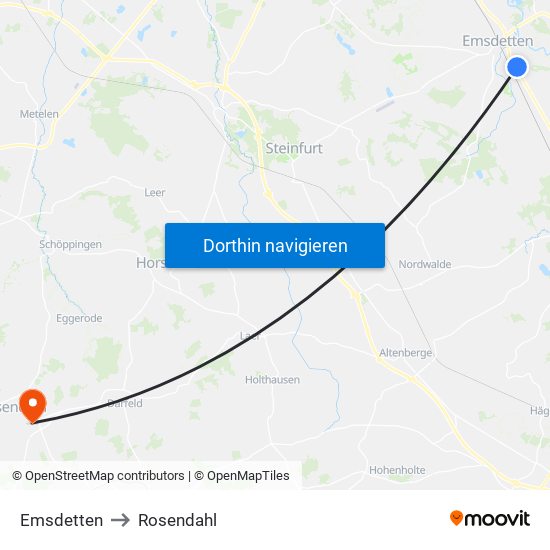 Emsdetten to Rosendahl map