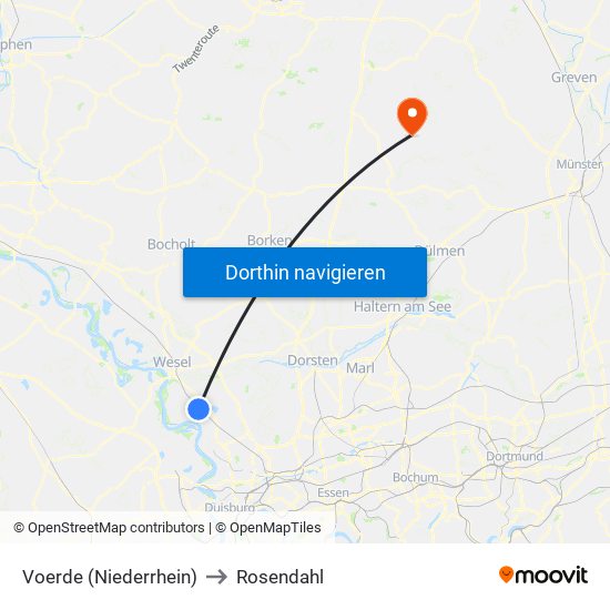 Voerde (Niederrhein) to Rosendahl map