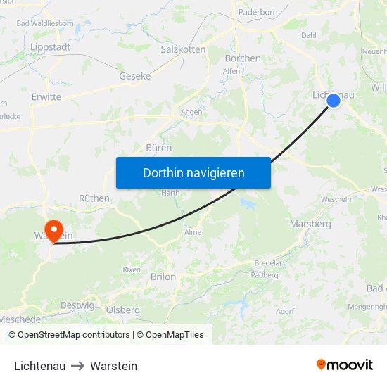 Lichtenau to Warstein map