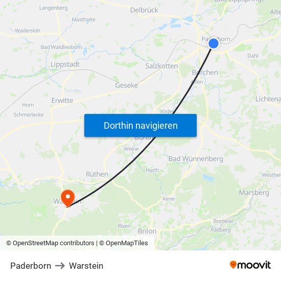 Paderborn to Warstein map
