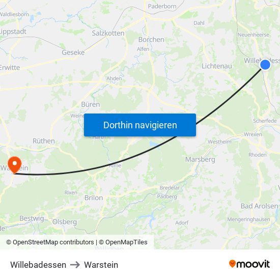 Willebadessen to Warstein map