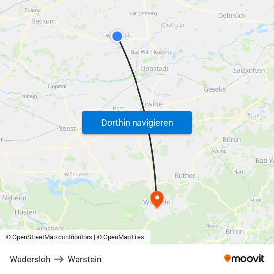 Wadersloh to Warstein map
