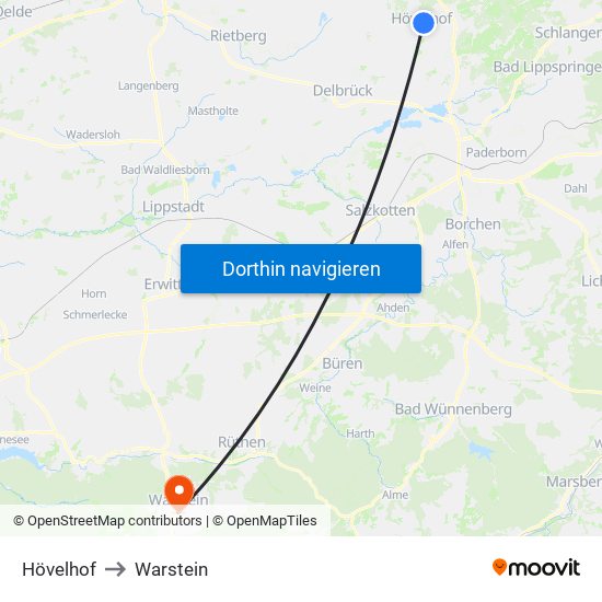 Hövelhof to Warstein map