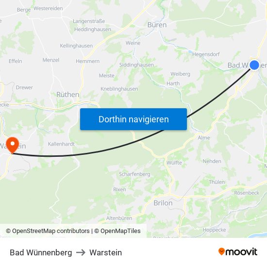 Bad Wünnenberg to Warstein map