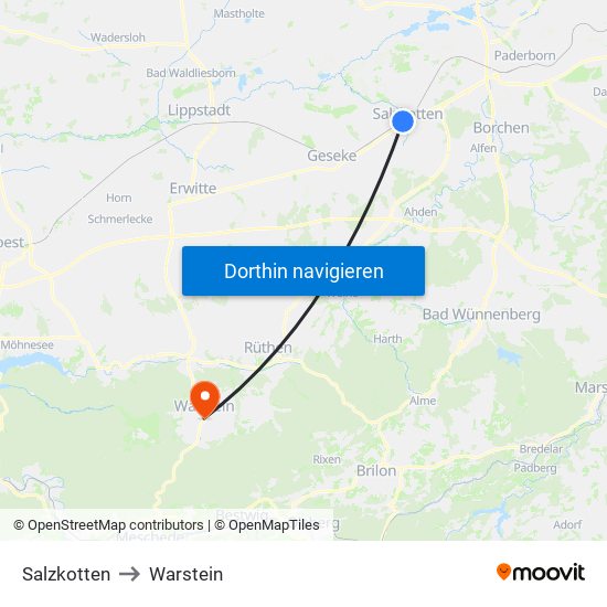 Salzkotten to Warstein map