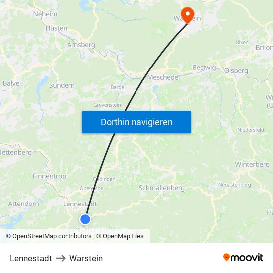 Lennestadt to Warstein map