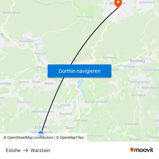 Eslohe to Warstein map