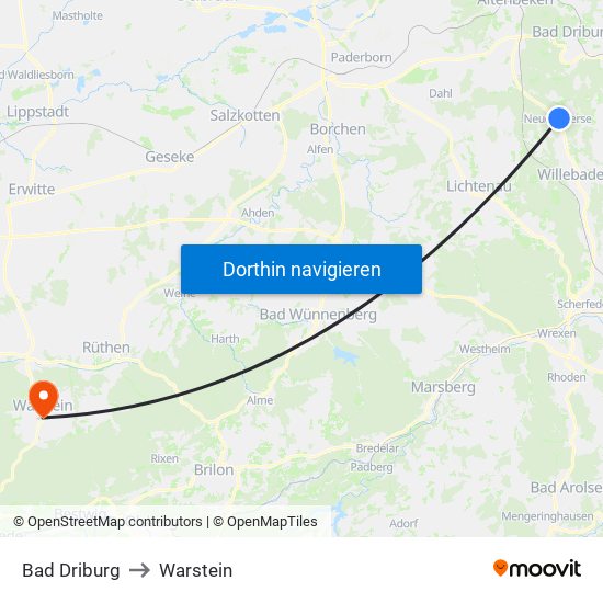 Bad Driburg to Warstein map