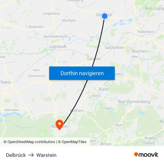 Delbrück to Warstein map
