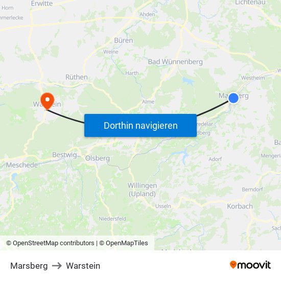 Marsberg to Warstein map