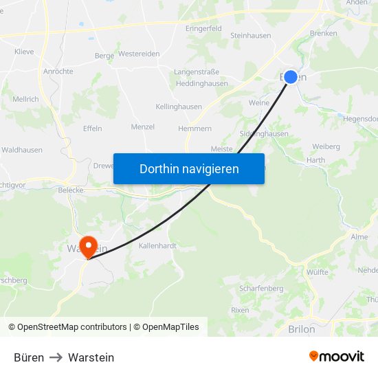 Büren to Warstein map