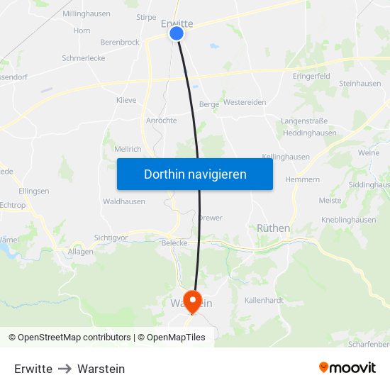 Erwitte to Warstein map