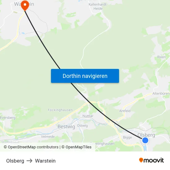 Olsberg to Warstein map