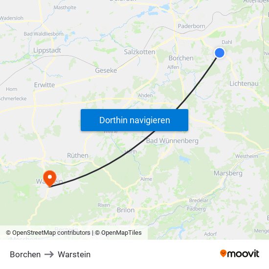 Borchen to Warstein map