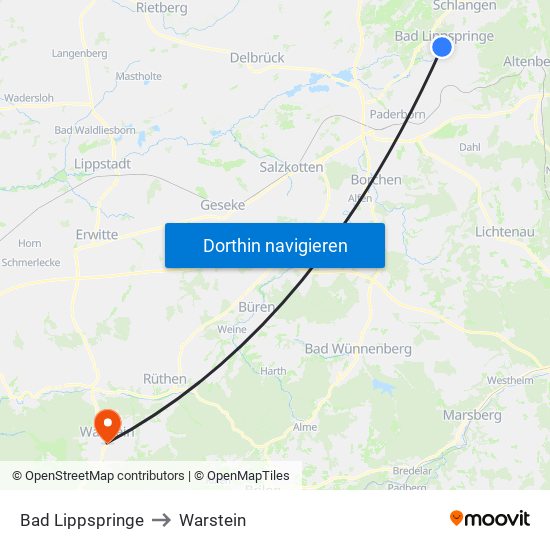 Bad Lippspringe to Warstein map