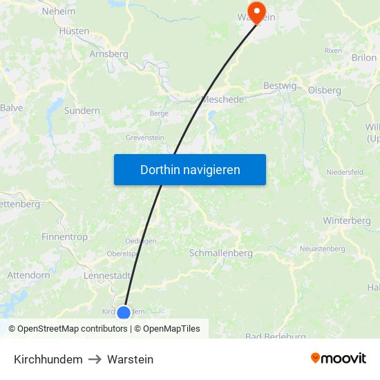 Kirchhundem to Warstein map