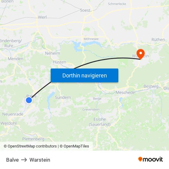 Balve to Warstein map