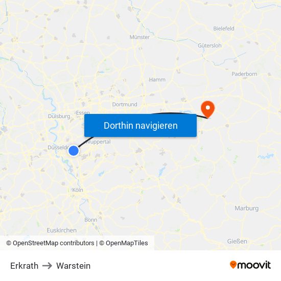 Erkrath to Warstein map