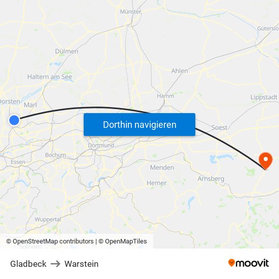 Gladbeck to Warstein map