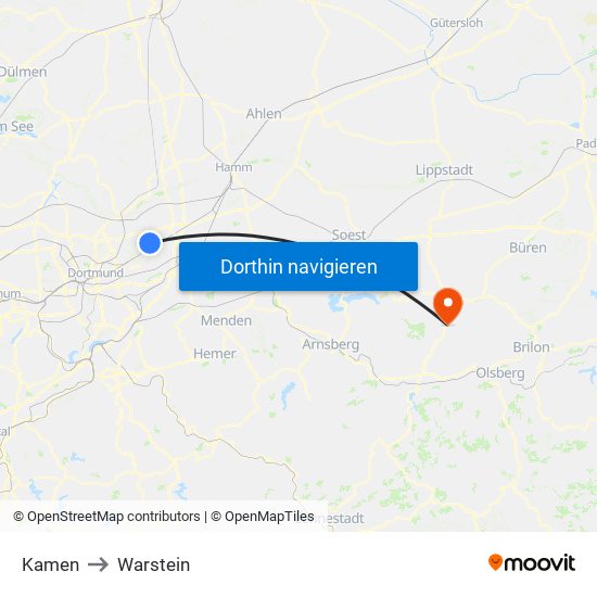 Kamen to Warstein map