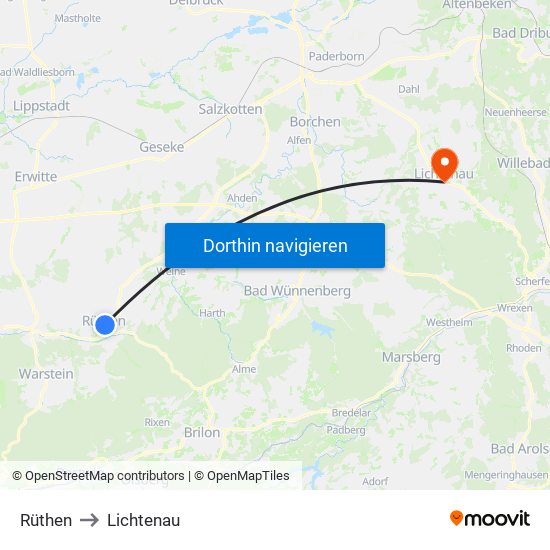 Rüthen to Lichtenau map