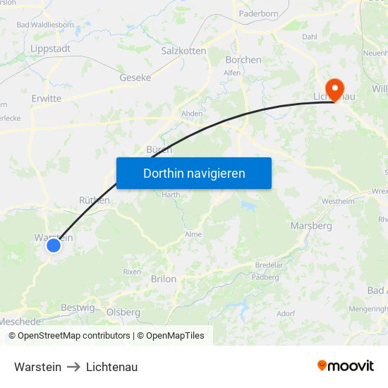 Warstein to Lichtenau map