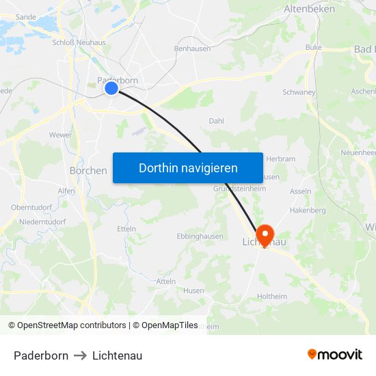 Paderborn to Lichtenau map