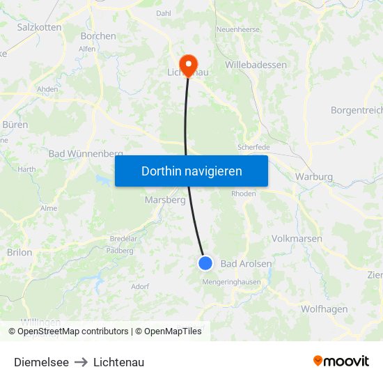 Diemelsee to Lichtenau map