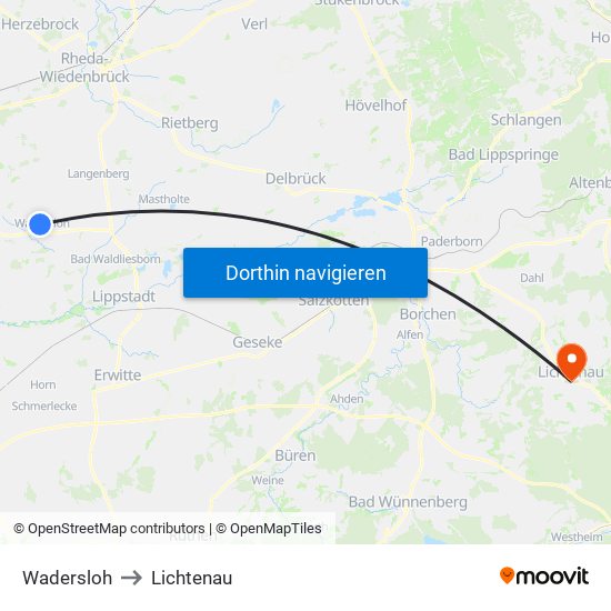 Wadersloh to Lichtenau map