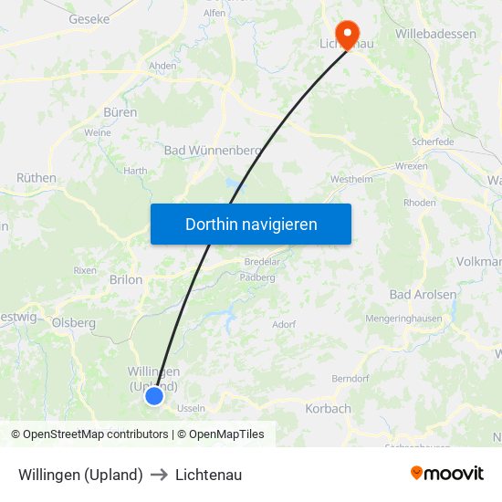 Willingen (Upland) to Lichtenau map