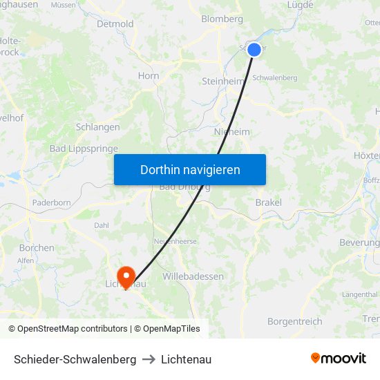 Schieder-Schwalenberg to Lichtenau map