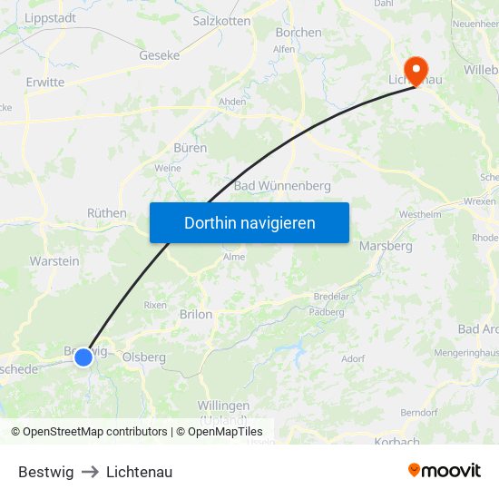 Bestwig to Lichtenau map