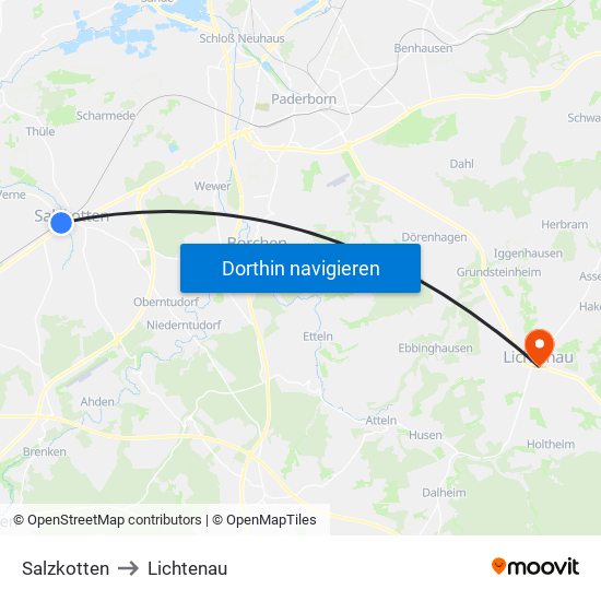 Salzkotten to Lichtenau map