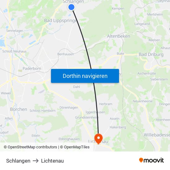 Schlangen to Lichtenau map