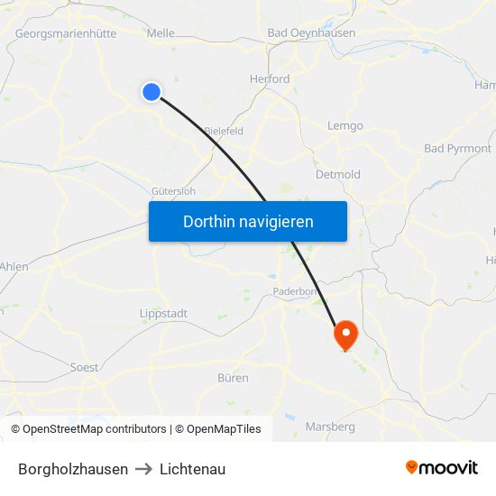 Borgholzhausen to Lichtenau map