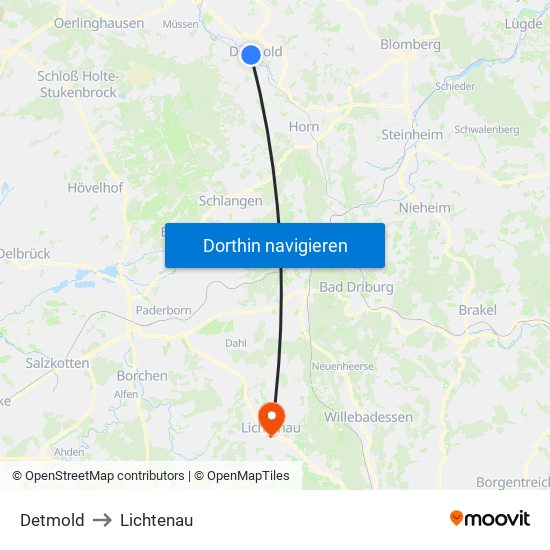 Detmold to Lichtenau map