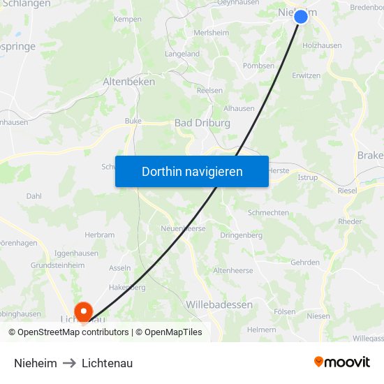 Nieheim to Lichtenau map