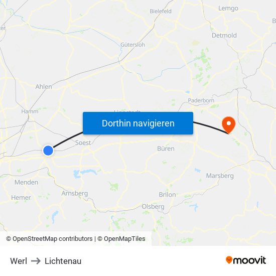 Werl to Lichtenau map