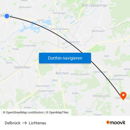 Delbrück to Lichtenau map